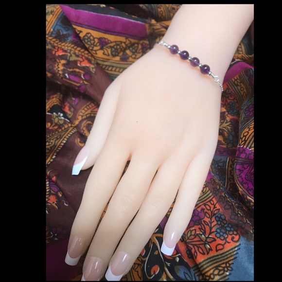 Amethyst Sterling Silver Bracelet- Beaded Bar Style Bracelet - Picture 2 of 5